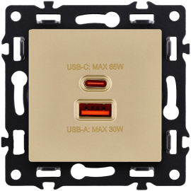 Розетка USB type-C + type-A, 3.0А 65Вт
Asthetik,  USB type-C 5V,  USB type-A 5V,  двойная,   цвет - золотой,  пластмасса,  AS-024GD,  Kollinger
 - PULSAL.RU