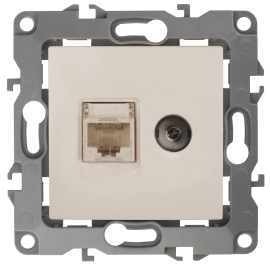 Розетка одиночная TV+RJ45
Эра 12,  телевизионная (TV),  одинарная,   цвет - слоновая кость,  пластмасса,  Б0027442,  12-3110-02,  ЭРА
 - PULSAL.RU