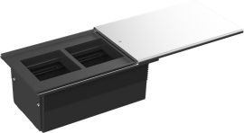 Встраиваемый розеточный блок со сдвижной крышкой (крышка сдвигается вдоль)
Лючки DDSB,  для столов и мебели,  4 модуля,   цвет - серебро,  металл,  DDSB4SCAC,  Donel
 - PULSAL.RU