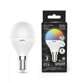 Лампа Gauss Шар 6W E14 RGBW+димирование LED 1/10/100
светодиодная
Smart Light,   цоколь - E14,   мощность - 6Вт,   световой поток - 440Лм,   цветовая температура - 3000+4000+6500К,  диммируется,  105101406,  Gauss - PULSAL.RU